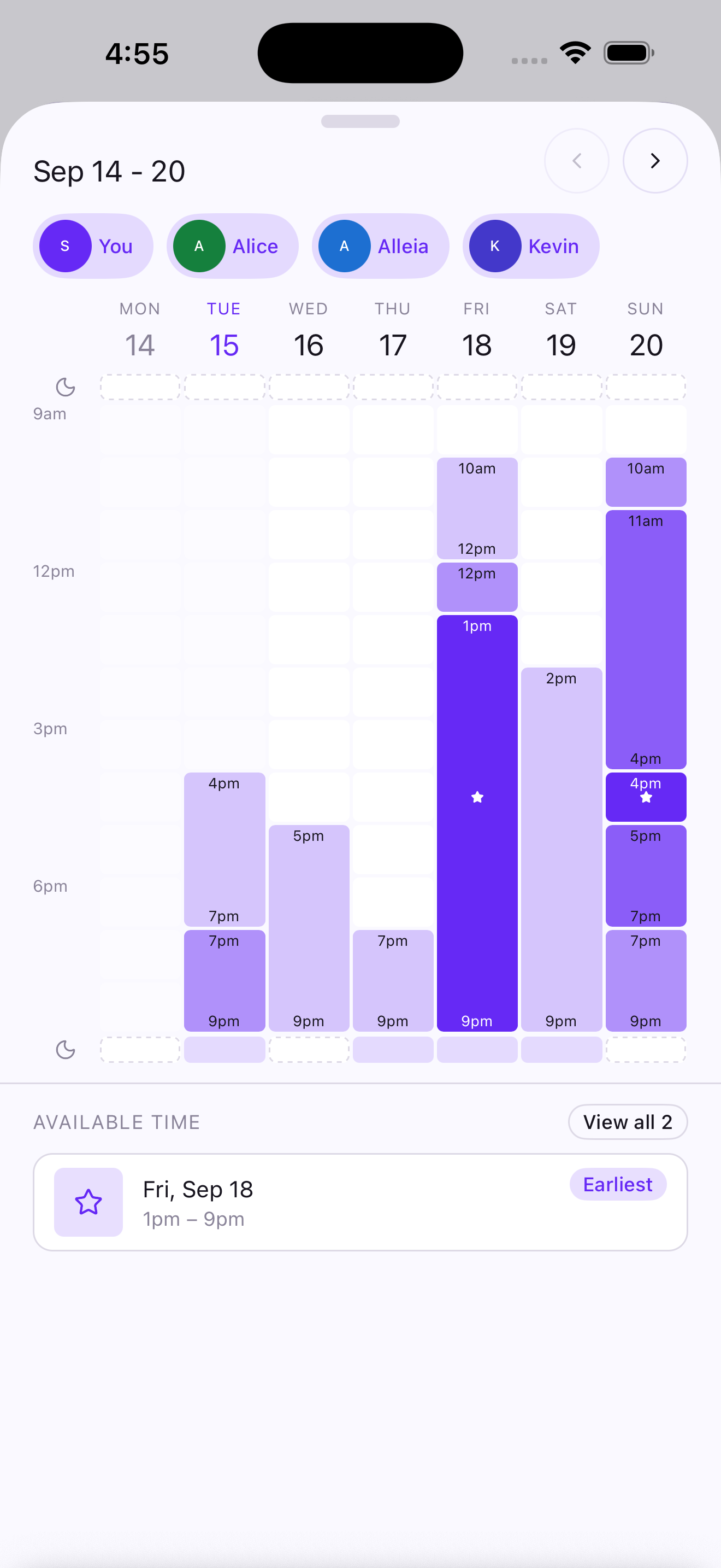 The LinqUp availability screen: a week in September charted across four members, with everyone's free hours drawn as coloured blocks and the group's earliest full overlap, Friday 18 September from 1pm to 9pm, called out underneath.