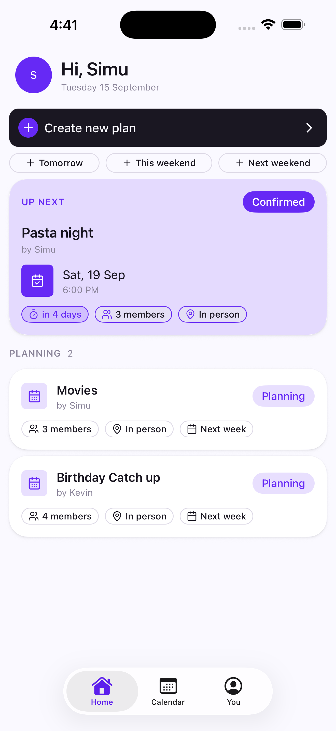 The LinqUp home screen: a Create new plan button and three shortcuts for tomorrow and the next two weekends, above a confirmed plan called Pasta night on Saturday 19 September at 6pm with three members, and two more plans still being agreed below it.