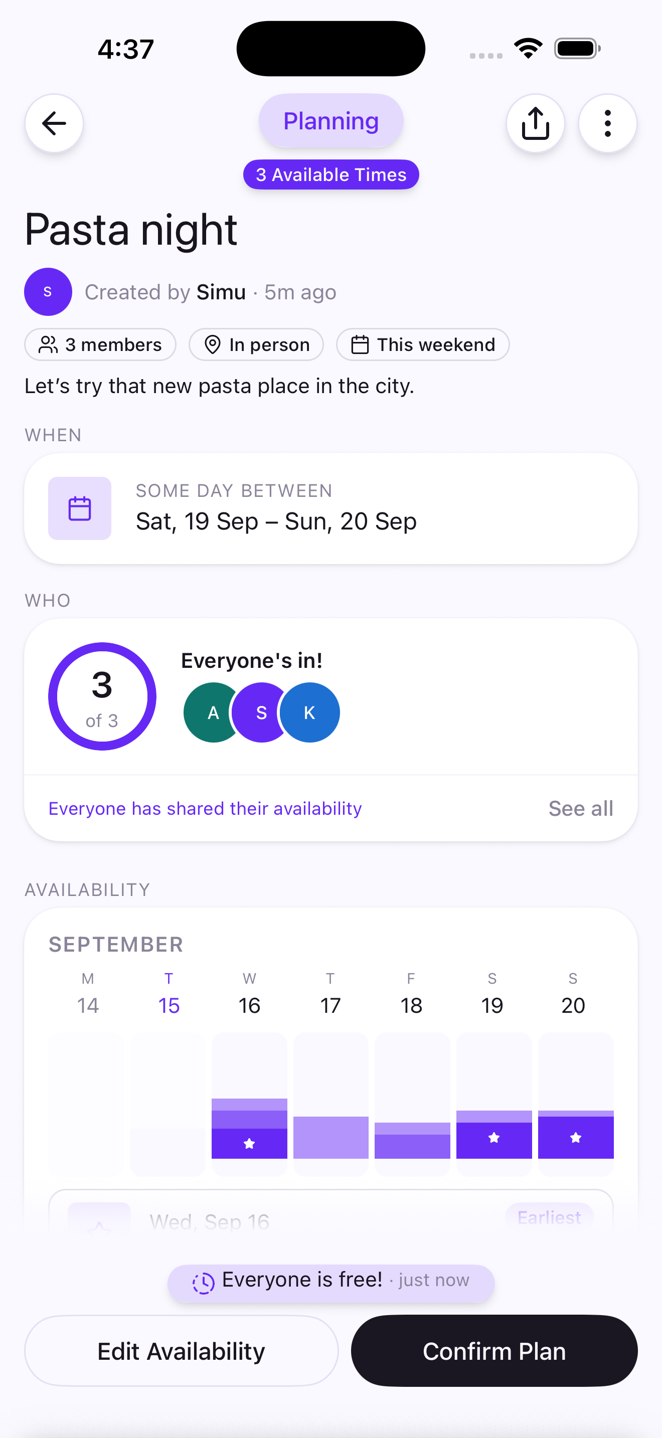The LinqUp app showing a group plan called Pasta night: three of three members have shared their availability, a week of overlapping free time is charted underneath, and the plan is ready to confirm.